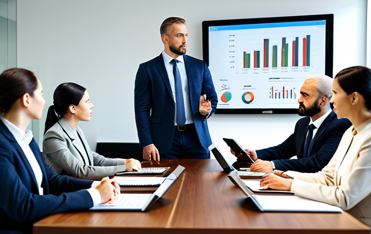 A diverse group of business professionals in modest business attire, seated around a large, polished conference table in a sleek, modern boardroom. Financial charts, detailed reports, and digital tablets are spread across the table, indicating a high-stakes negotiation. One professional is calmly presenting, while others are listening intently, engaged in a constructive dialogue. The atmosphere is professional and focused. Perfect anatomy, correct proportions, well-formed hands, natural pose, natural body proportions, professional photography, high resolution, realistic, fully clothed, modest clothing, appropriate attire, professional dress, safe for work, appropriate content, professional.
