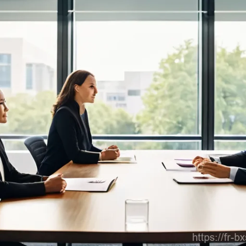 출구 전략의 효과적인 커뮤니케이션 방법 - **Prompt:** A diverse group of five professionals (men and women) in a bright, modern corporate meet...