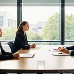 출구 전략의 효과적인 커뮤니케이션 방법 - **Prompt:** A diverse group of five professionals (men and women) in a bright, modern corporate meet...