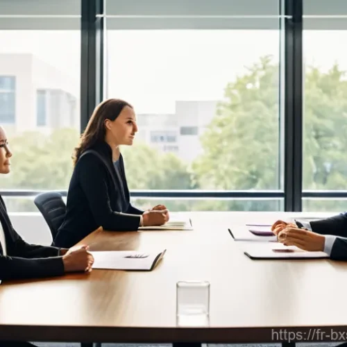 출구 전략의 효과적인 커뮤니케이션 방법 - **Prompt:** A diverse group of five professionals (men and women) in a bright, modern corporate meet...