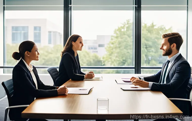 출구 전략의 효과적인 커뮤니케이션 방법 - **Prompt:** A diverse group of five professionals (men and women) in a bright, modern corporate meet...