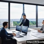 해외 진출과 출구 전략의 연관성 - A detailed business meeting scene set in a modern Parisian office, featuring diverse professionals a...