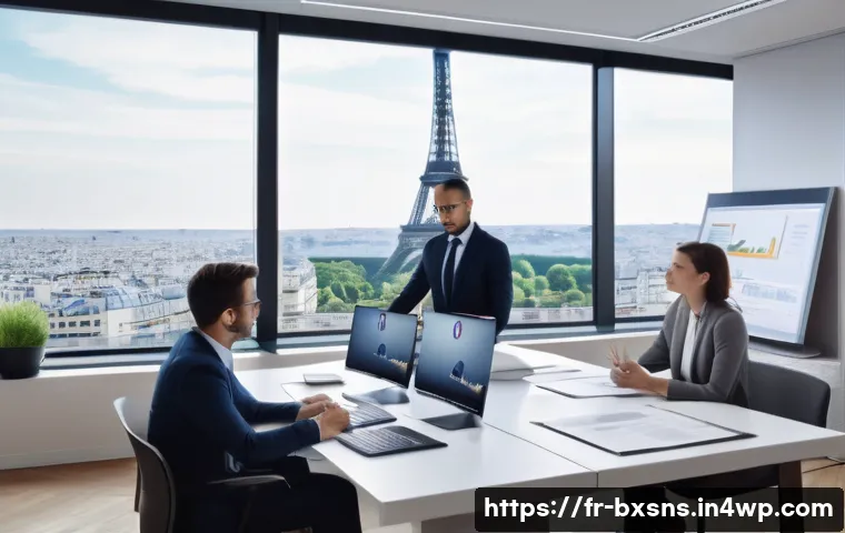 해외 진출과 출구 전략의 연관성 - A detailed business meeting scene set in a modern Parisian office, featuring diverse professionals a...