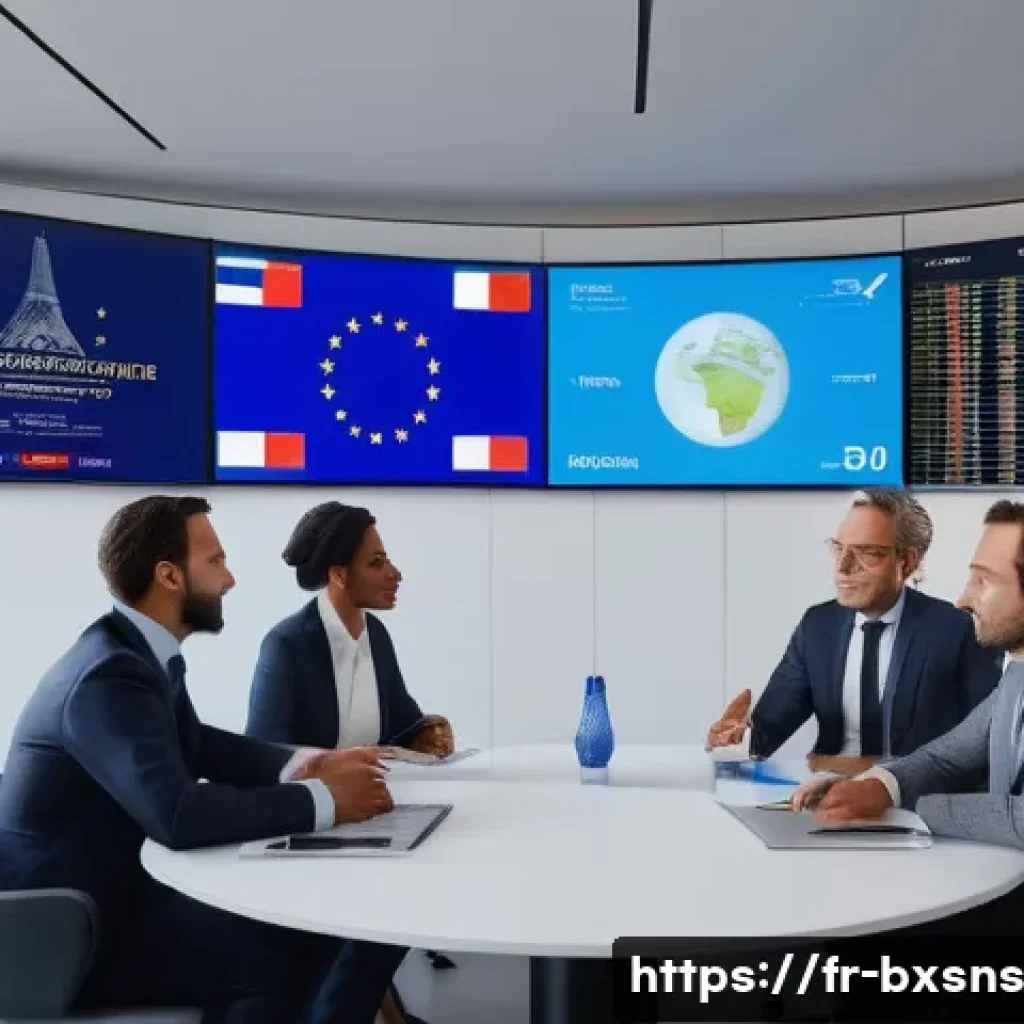 글로벌 시장에서의 출구 전략 설계 - A professional business meeting scene set in a modern Parisian office overlooking the Eiffel Tower, ...