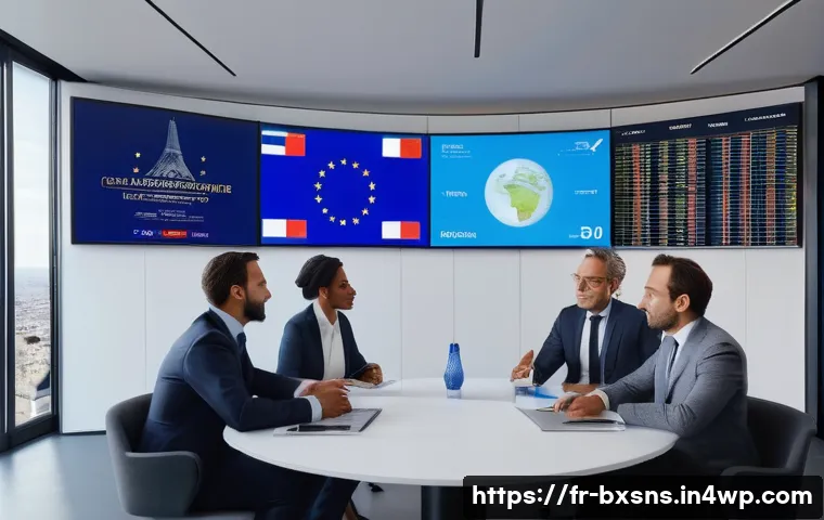 글로벌 시장에서의 출구 전략 설계 - A professional business meeting scene set in a modern Parisian office overlooking the Eiffel Tower, ...
