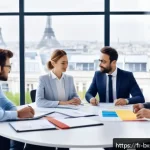 Home 19 출구 전략을 위한 시장 조사 방법 - A modern business meeting scene in a bright, sleek French office, featuring diverse professionals en...