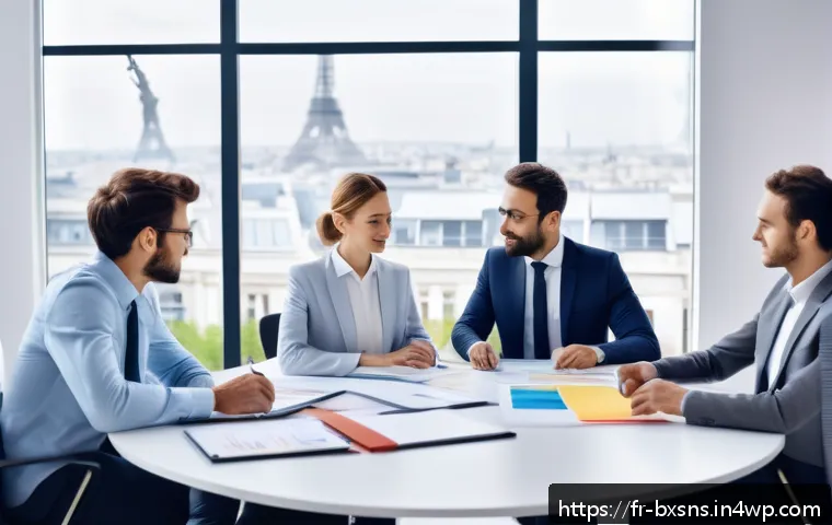 출구 전략을 위한 시장 조사 방법 - A modern business meeting scene in a bright, sleek French office, featuring diverse professionals en...
