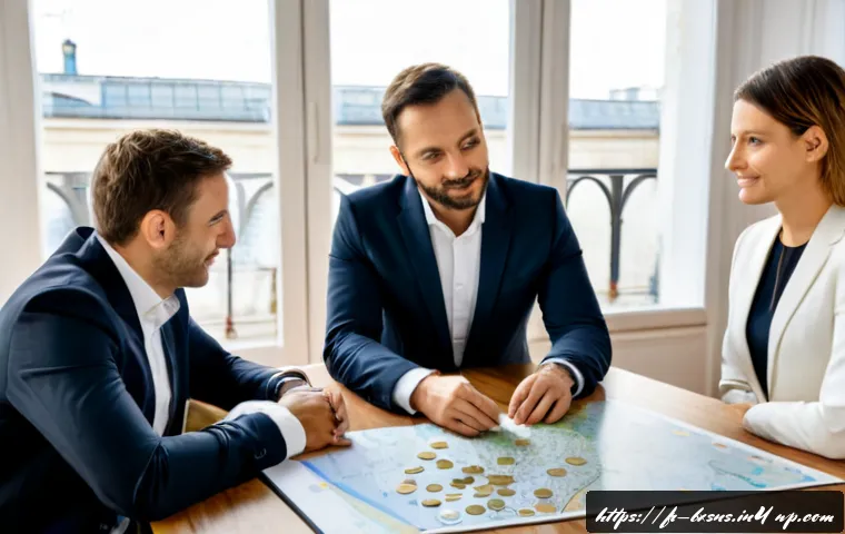 출구 전략 설계와 기업 혁신의 관계 - Photorealistic French business strategy meeting in a bright Paris-style innovation office, diverse e...